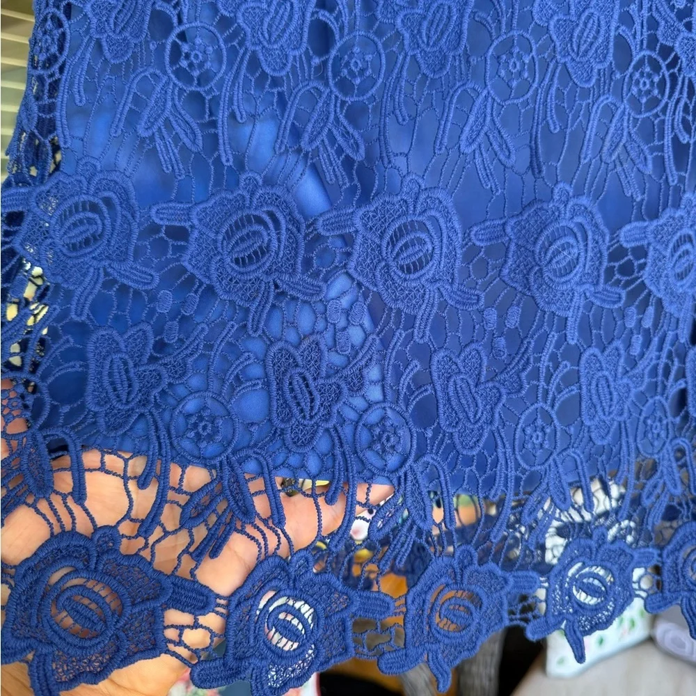 Mango Suit Royal Blue Floral Lace Sheath Dress Scalloped Hem Size 4 - Picture 5 of 11